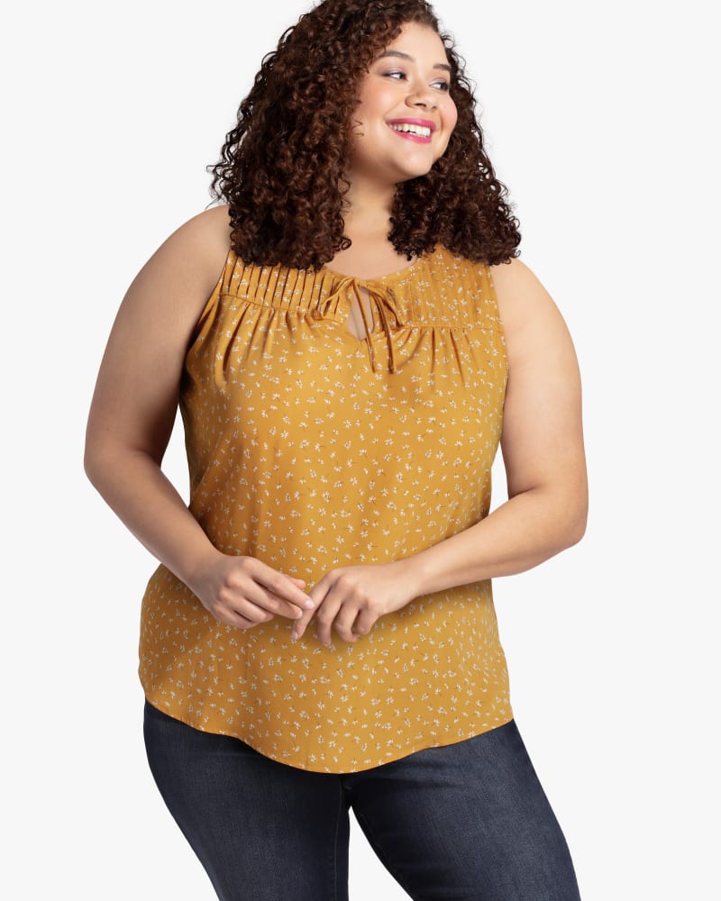 Front of plus size Penny Sleeveless Printed Pintucked Top by Molly&Isadora | Dia&Co | dia_product_style_image_id:117523